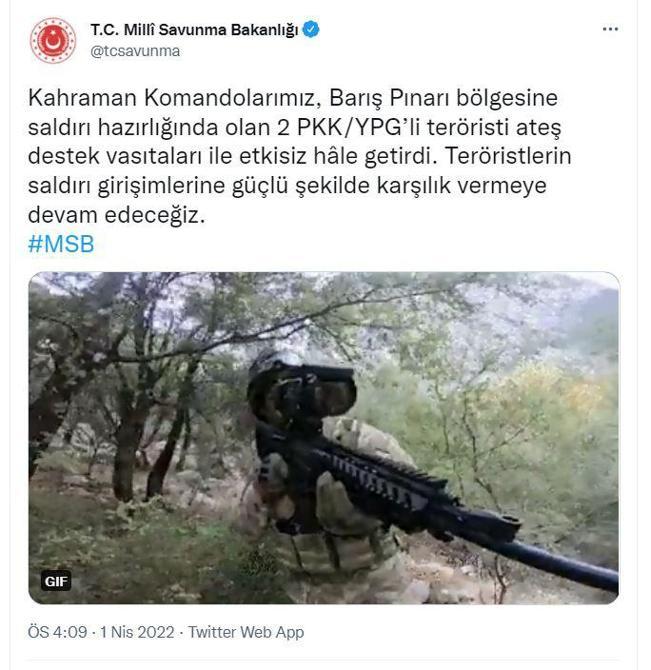 MSB duyurdu 2 terörist etkisiz hale getirildi