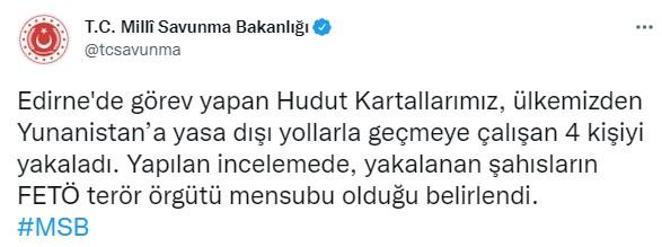 MSB: Yunanistana geçmeye çalışan 4 FETÖ üyesi yakalandı
