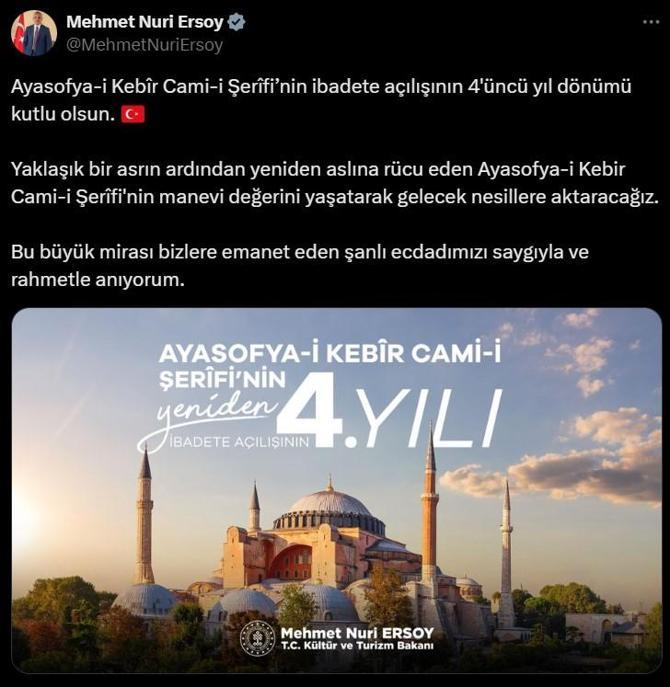 Bakan Ersoydan Ayasofya mesajı