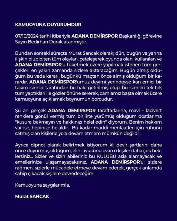 Adana Demirsporda Murat Sancak başkanlığı bıraktı