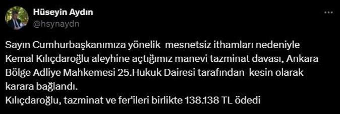 Kılıçdaroğlu, Erdoğana 138.138 TL tazminat ödedi