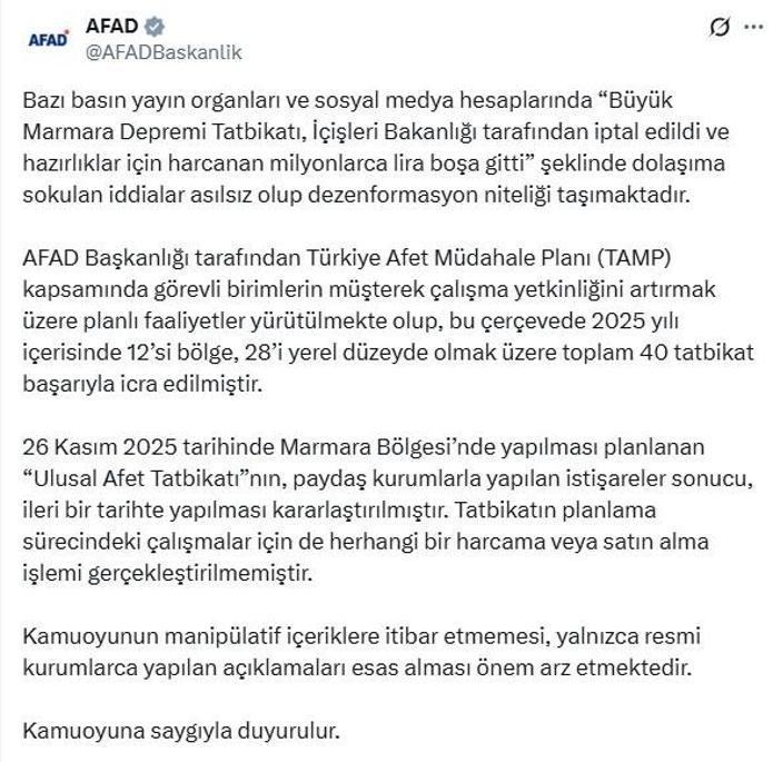 Son dakika... ‘Büyük Marmara Depremi Tatbikatı’ yapılacak mı AFAD’dan flaş açıklama