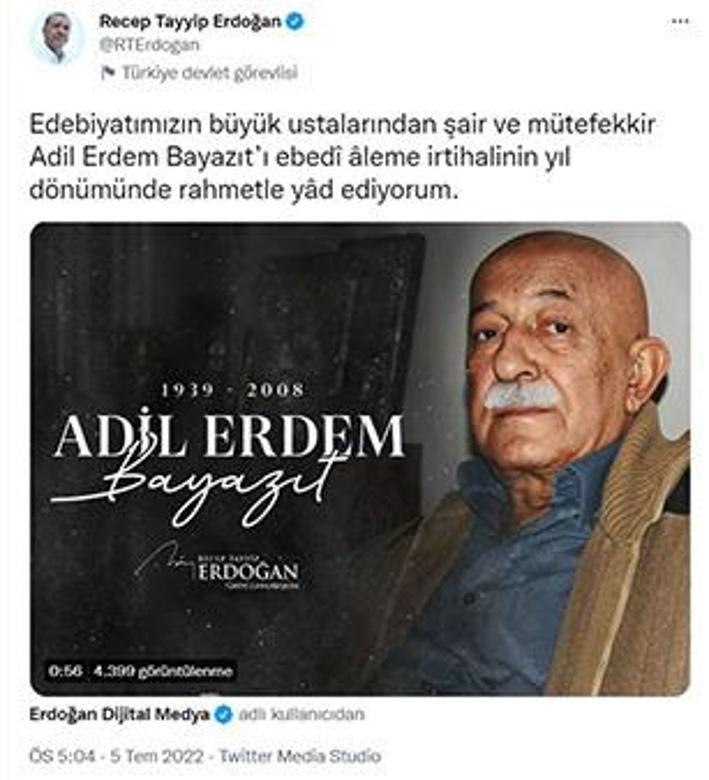Erdoğandan şair Adil Erdem Beyazıt paylaşımı