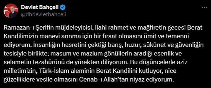 MHP lideri Bahçeliden Berat Kandili mesajı