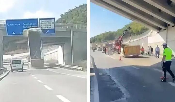 Çekmeköy'de hafriyat kamyonu üst geçide çarptı! Dorse yola devrildi