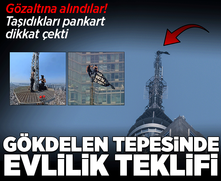 443 metrede evlenme teklifi! Rus çift gözaltına alındı, taşıdıkları pankart dikkat çekti