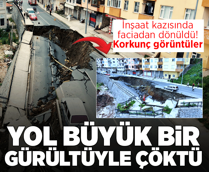 Rize'de inşaat kazısında önce istinat duvarı ardından yol çöktü! Korkunç görüntüler