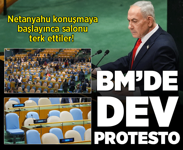 BM'de dev protesto! Tutuklanma emri olan Netanyahu boş salona konuştu