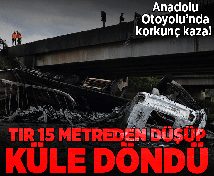 Anadolu Otoyolu'nda korkunç kaza! TIR 15 metreden düşüp küle döndü
