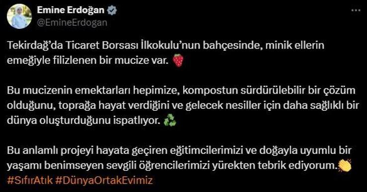 Emine Erdoğandan okul bahçesinde çilek yetiştiren öğrencilere tebrik