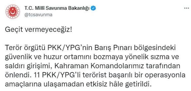 Son dakika... Barış Pınarı bölgesine saldırı girişimi MSBden açıklama