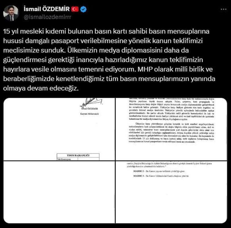MHPli Özdemir: Gazetecilere Yeşil Pasaport Meclise sunuldu