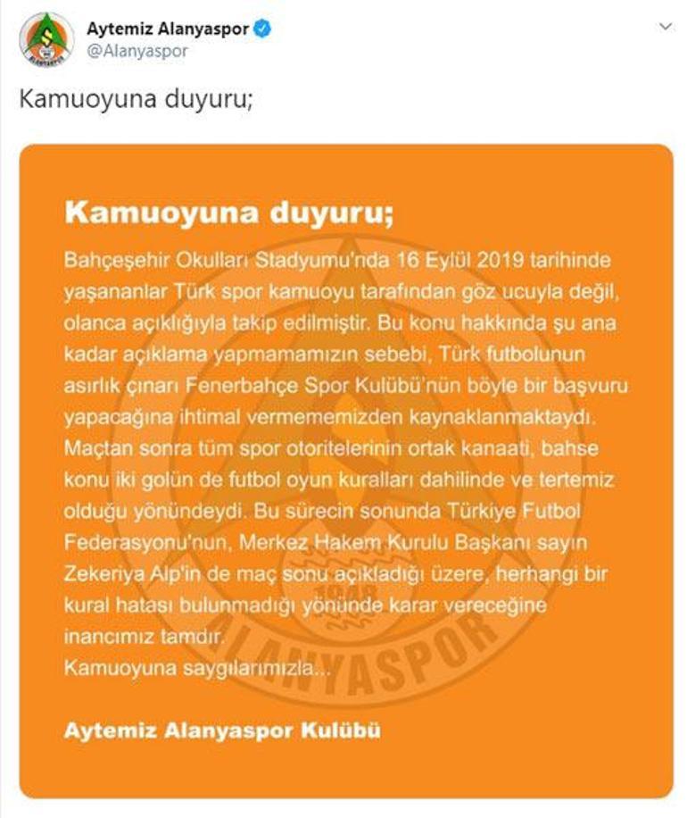 Alanyaspordan kural hatası açıklaması Fenerbahçe...