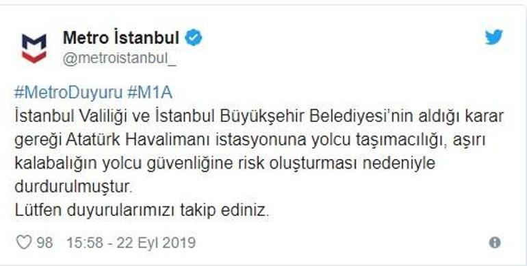 Son dakika... Atatürk Havalimanına metro seferleri valilik ve belediyenin aldığı kararla durdu