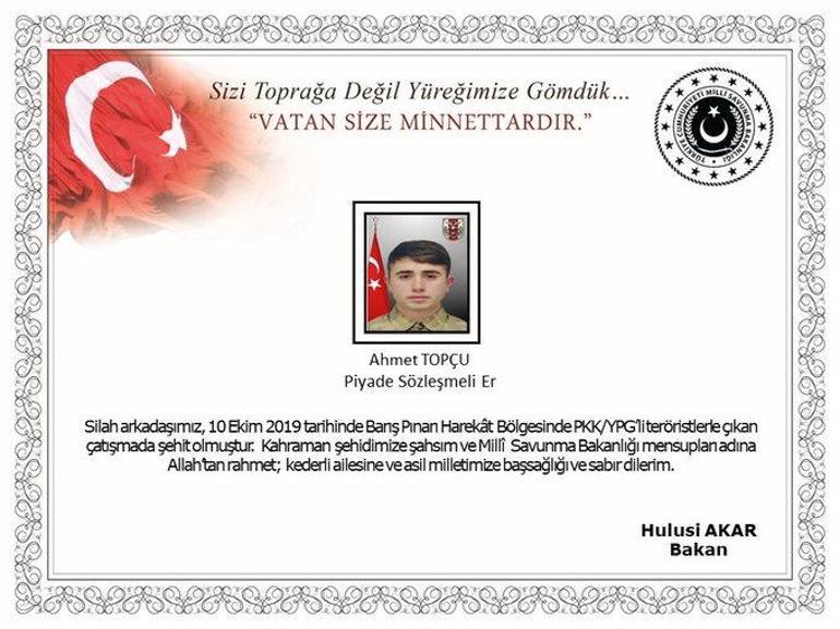 Barış Pınarı Harekatından acı haber Ahmet Topçu şehit düştü