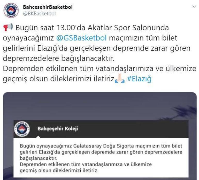 Bahçeşehir Koleji, Galatasaray maçı gelirlerini Elazığdaki deprem için bağışlayacak