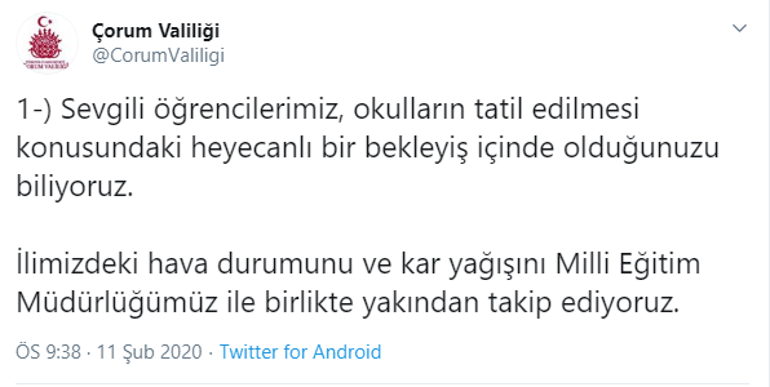 Çorum, Çankırı ve Kastamonuda okullar bugün tatil mi Valililikten kar tatili açıklaması yapıldı mı