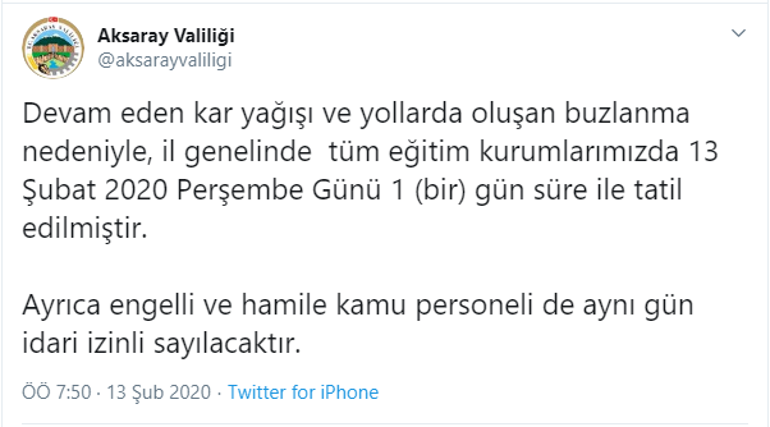 Batman, Yozgat ve Aksarayda okullar tatil edildi mi 13 Şubat Valilikten kar tatili açıklaması geldi mi