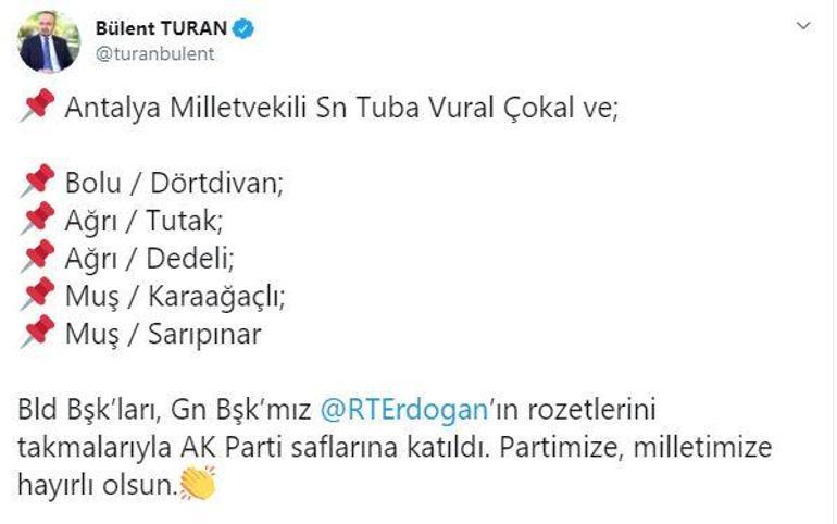 Son dakika İYİ Partiden istifa eden Tuba Vural Çokal ile 5 belediye başkanı AK Partiye geçti