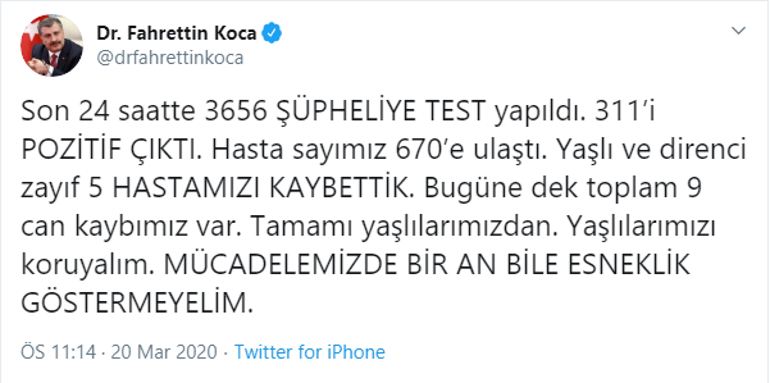 Türkiyede vaka sayısı kaç oldu Sağlık Bakanı Fahrettin Koca Twitter üzerinden yeni açıklama yaptı