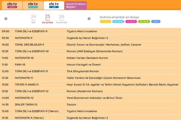 EBA ders programı 25 Mart 2020... EBA ilkokul - ortaokul – lise ders programı ve ders saatleri