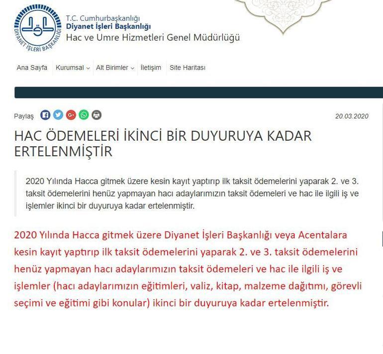 Son dakika Diyanet, hac işlemlerini ikinci bir duyuruya kadar erteledi