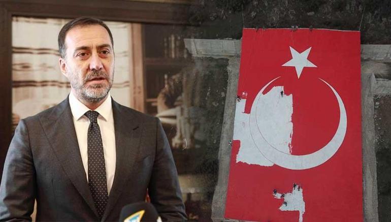 Terörist başı Öcalan portresi yerine dev Türk bayrağı