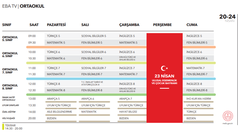 EBA haftalık ders programı TRT EBA TV İlköğretim, Ortaokul, Lise canlı ders izleme linkleri