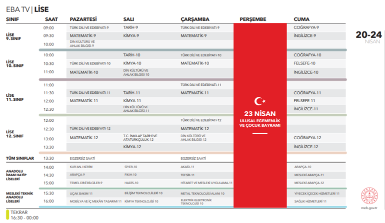 EBA haftalık ders programı TRT EBA TV İlköğretim, Ortaokul, Lise canlı ders izleme linkleri