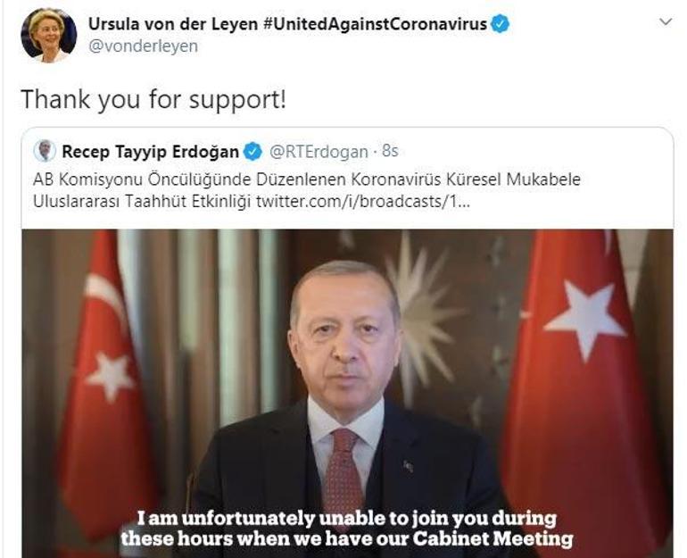 AB Komisyonu Başkanı von der Leyenden Cumhurbaşkanı Erdoğana teşekkür