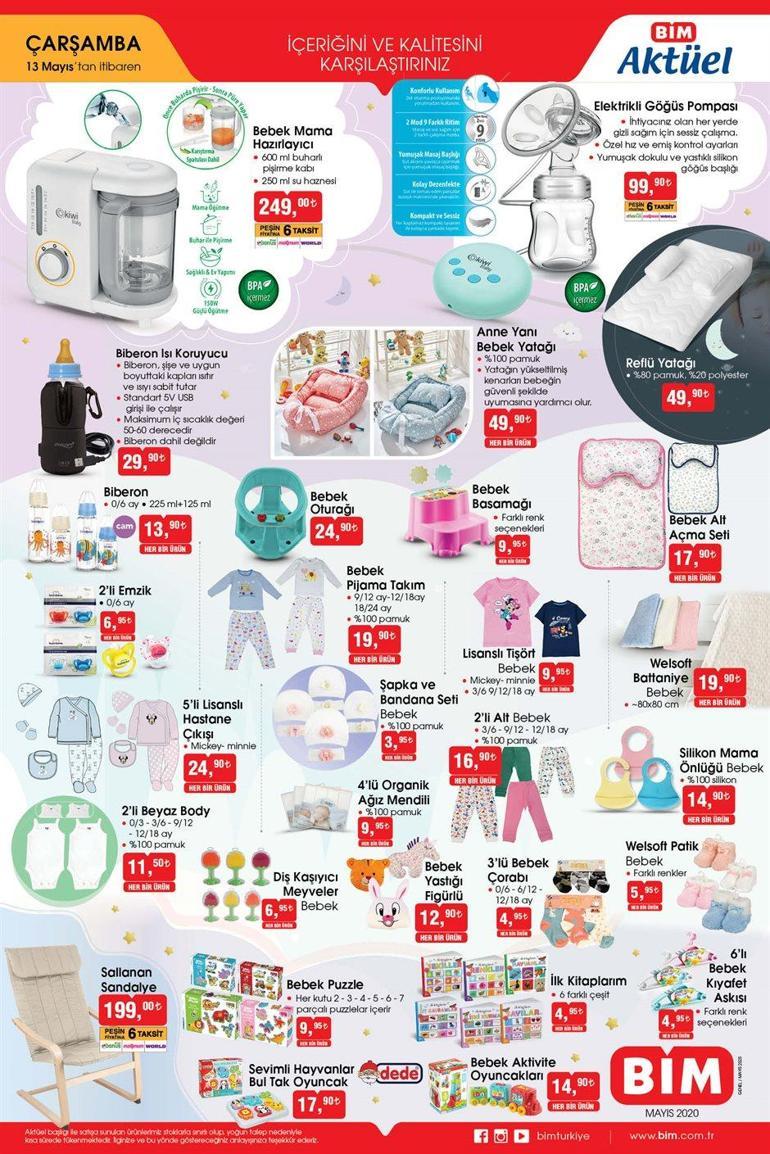 13 Mayıs BİM aktüel ürünler kataloğunda bu hafta hangi indirimli ürünler var Bebek Ürünleri, Mutfak Araç gereçleri