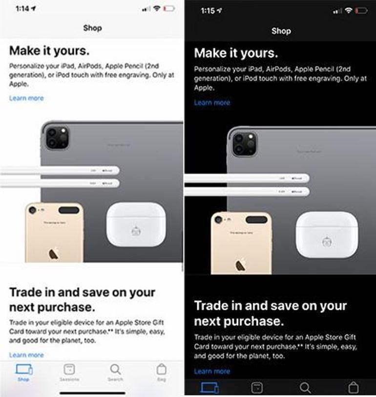 Apple Store uygulaması karanlık moda kavuştu
