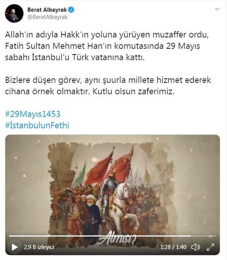 Bakan Albayrak, İstanbulun fethinin yıl dönümünü kutladı