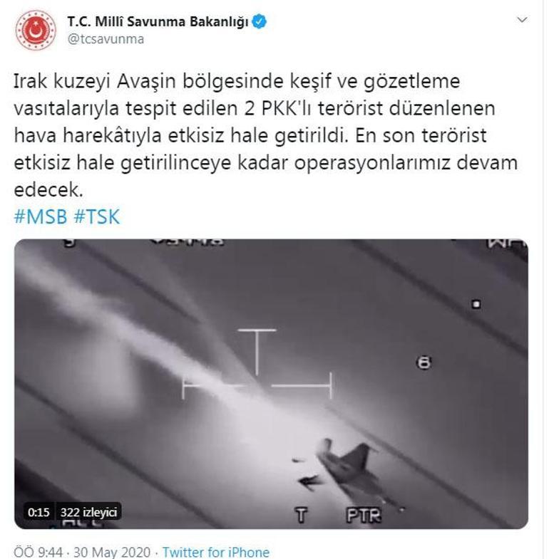 Son dakika Bakanlık duyurdu 2 terörist hava harekatıyla etkisiz hale getirildi
