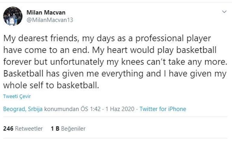 Eski Galatasaraylı Milan Macvan basketbolu bıraktı