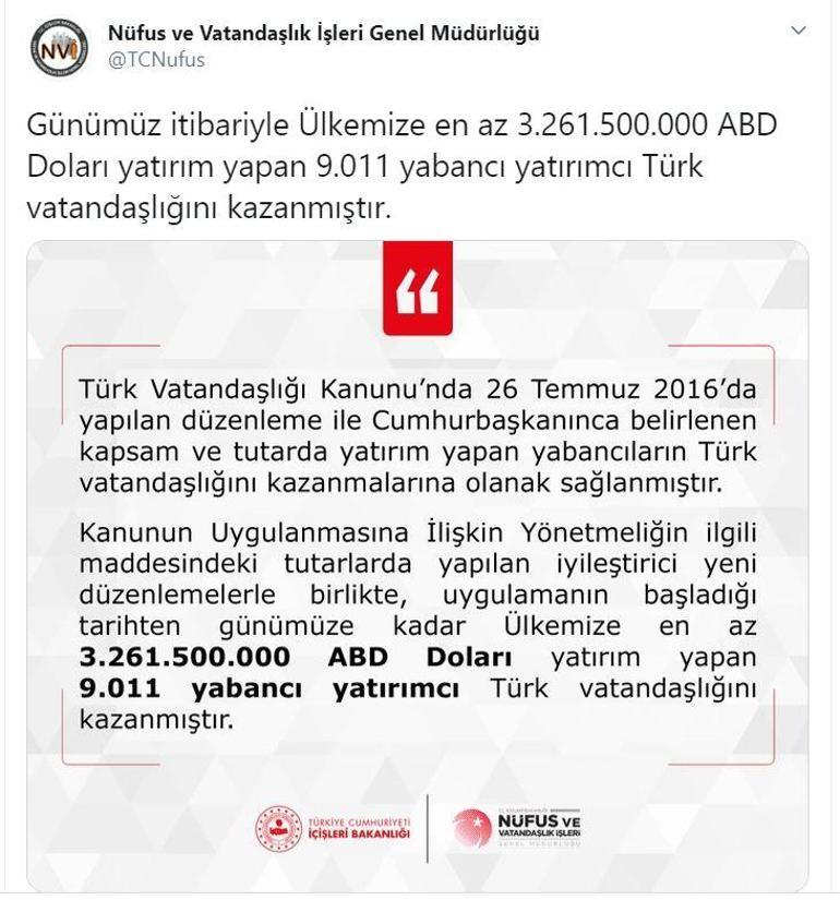 Son dakika Türkiyeye yatırım yapan 9 bin 11 yabancı yatırımcıya vatandaşlık