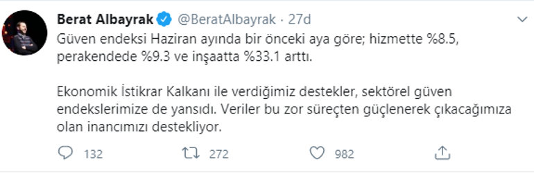 Son dakika... Bakan Albayraktan sektörel güven endeksleri değerlendirmesi