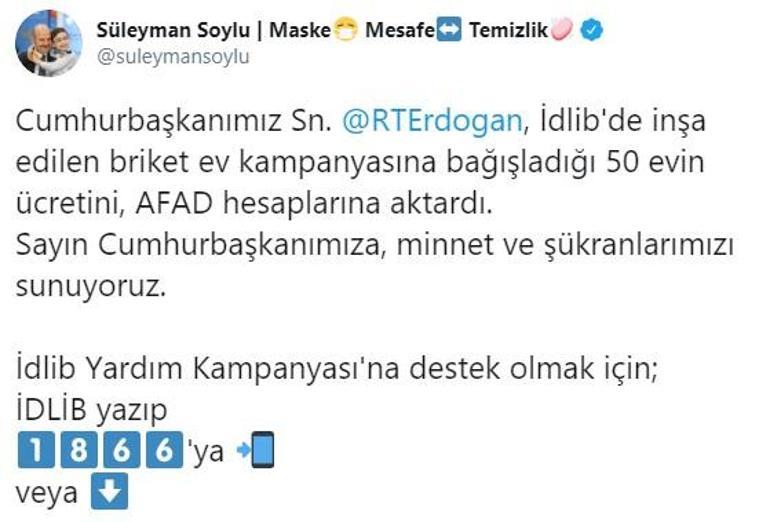 Cumhurbaşkanı Erdoğan, 50 biriket evin ücretini AFADa aktardı