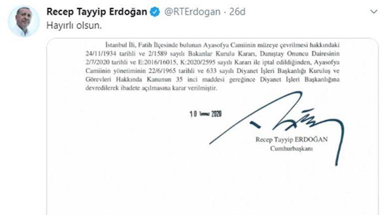 Son dakika... Cumhurbaşkanı Erdoğan, Ayasofya kararını imzaladı