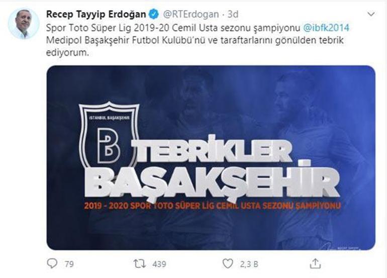 Cumhurbaşkanı Erdoğan, şampiyon Başakşehiri tebrik etti