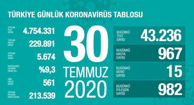 30 Temmuz Korona tablosu açıklandı - Vaka sayısı ve ölü sayısı bugün kaça yükseldi - Sağlık Bakanı Koca yayımladı
