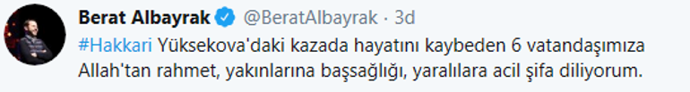 Bakan Albayraktan Hakkarideki kazada ölenler için başsağlığı mesajı