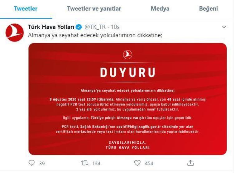 Flaş... THYden Almanyaya seyahat edecek yolculara PCR testi uyarısı