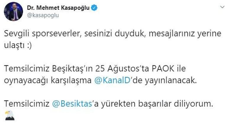 Son dakika | Bakan Kasapoğlu: Beşiktaş - PAOK maçı Kanal Dde şifresiz olarak yayınlanacak