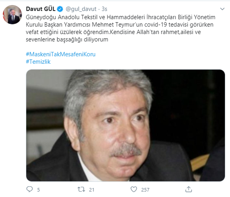 Gaziantepli iş adamı Mehmet Teymur, hayatını kaybetti