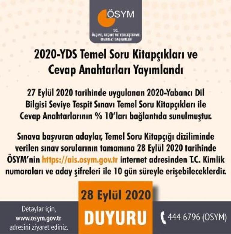 2020 YDS soru kitapçıkları ve cevap anahtarları erişime açıldı