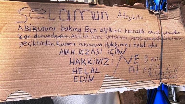 Çaldığı bisikleti 3 gün sonra özür notuyla geri bıraktı