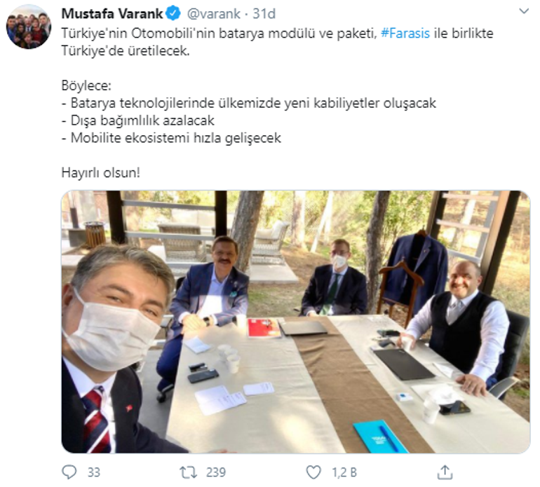 Bakan Varanktan Türkiyenin Otomobili paylaşımı