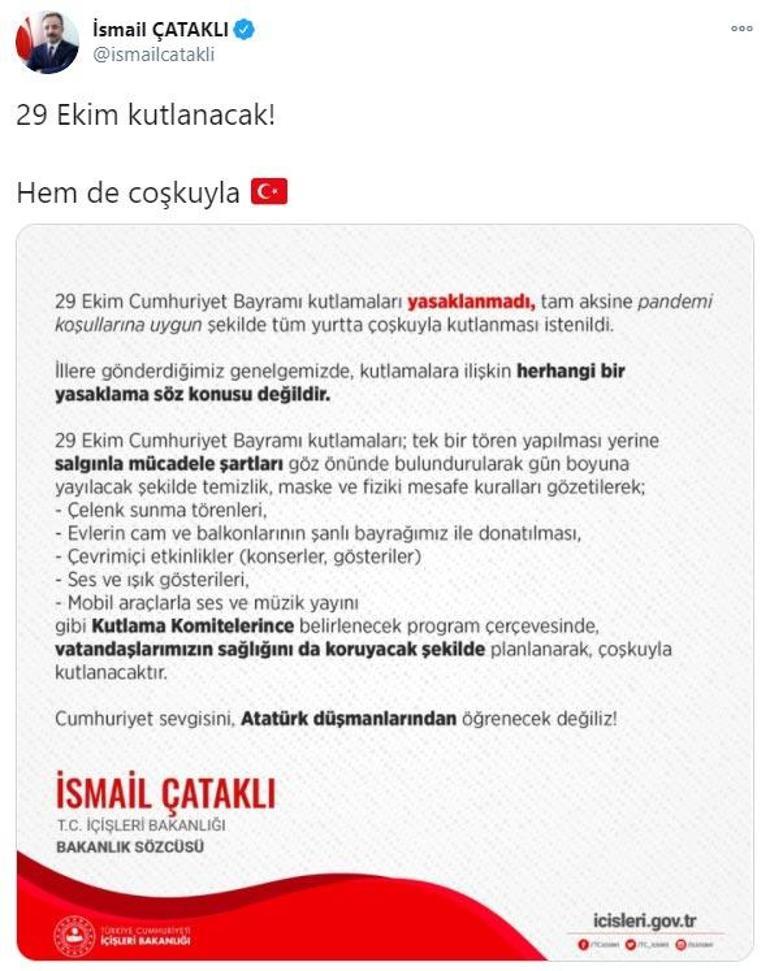 İçişleri Bakanlığından 29 Ekim açıklaması