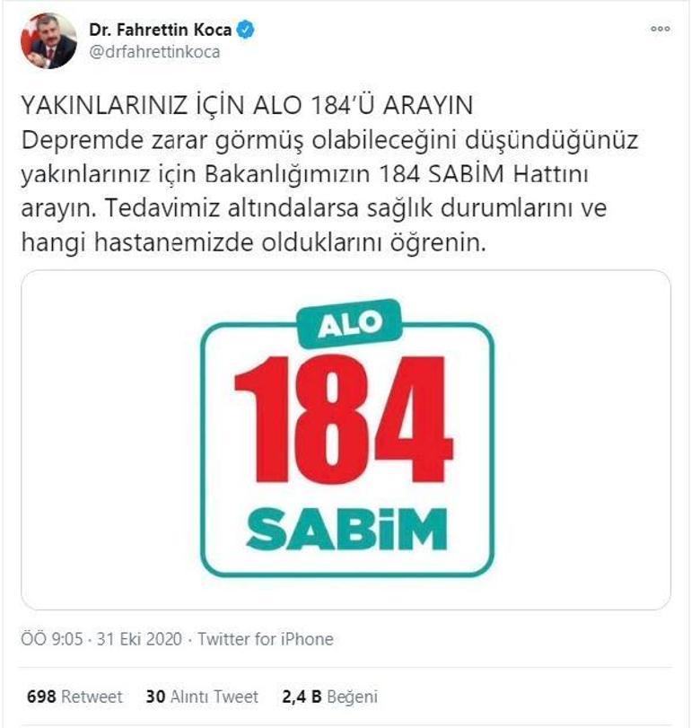 Bakan Koca: Yaralılar için 184ü arayın